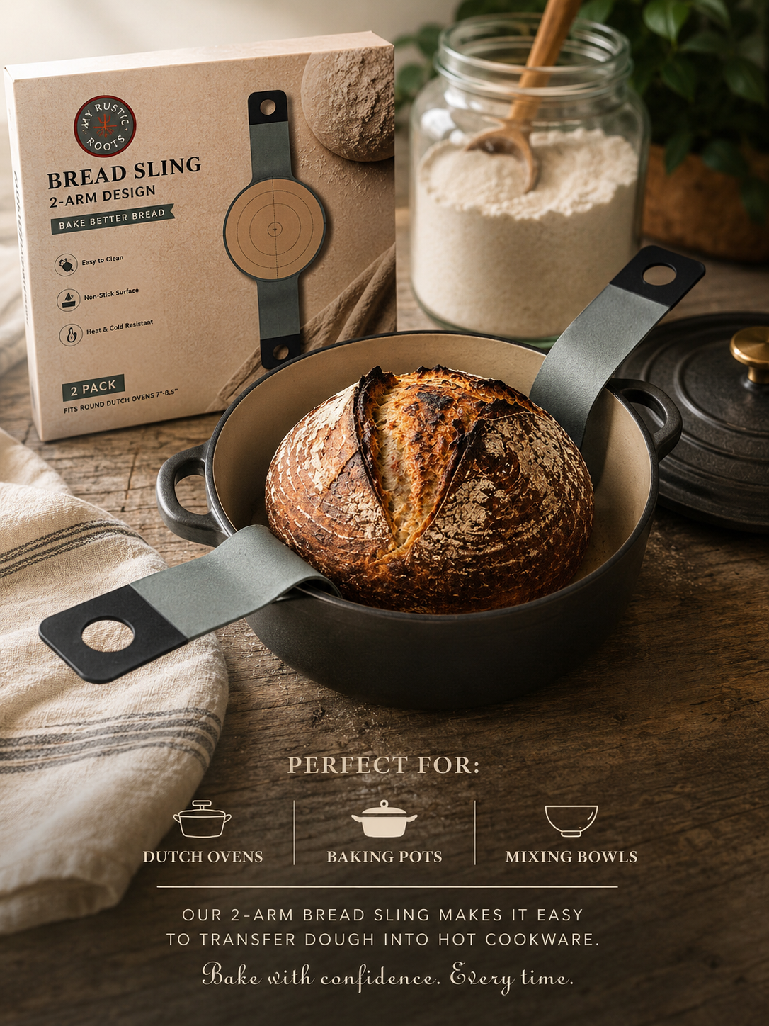 Bread Sling for Dutch Oven Baking, 2-Arm, 2-Pack- My Rustic Roots