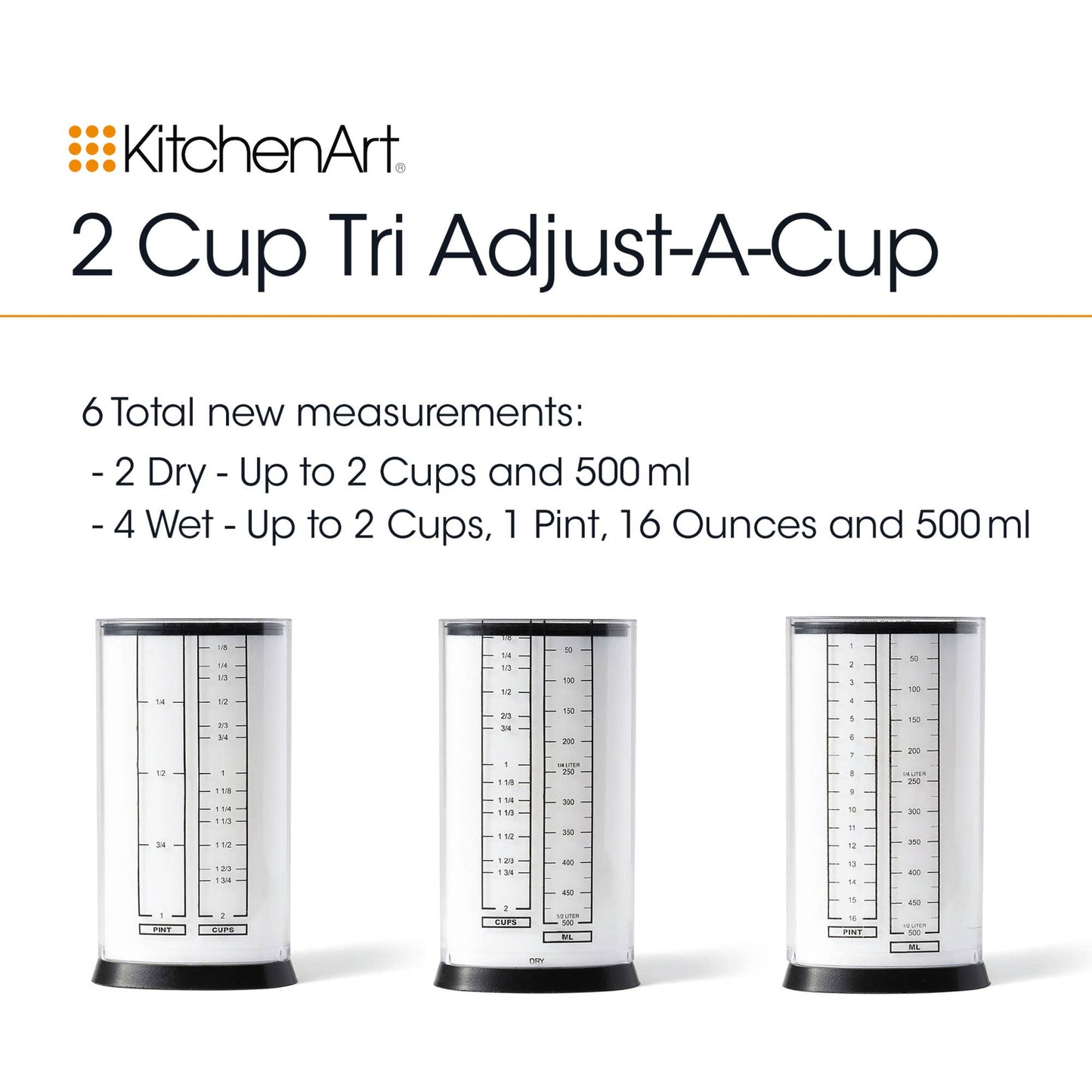 KitchenArt 2 Cup Tri Adjust A-Cup, Measuring Cup, 3.25" x 6"
