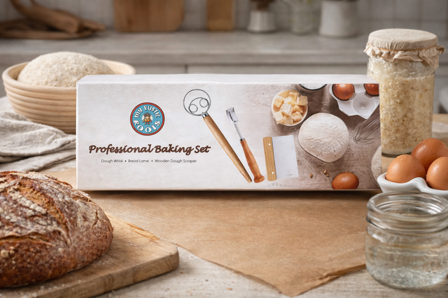 Professional Baking Set Dough Whisk, Bread Lame, & Scraper- My Rustic Roots