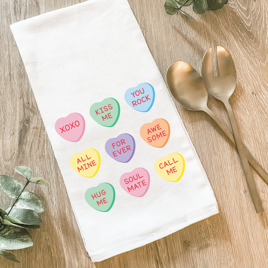 Valentine's Day Candy Hearts Cotton Tea Towel- Lissi Designs