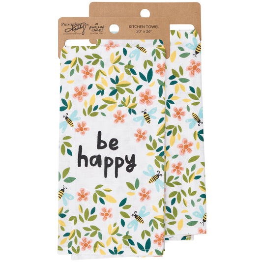 Floral Be Happy Kitchen Towel - Primitives by Kathy