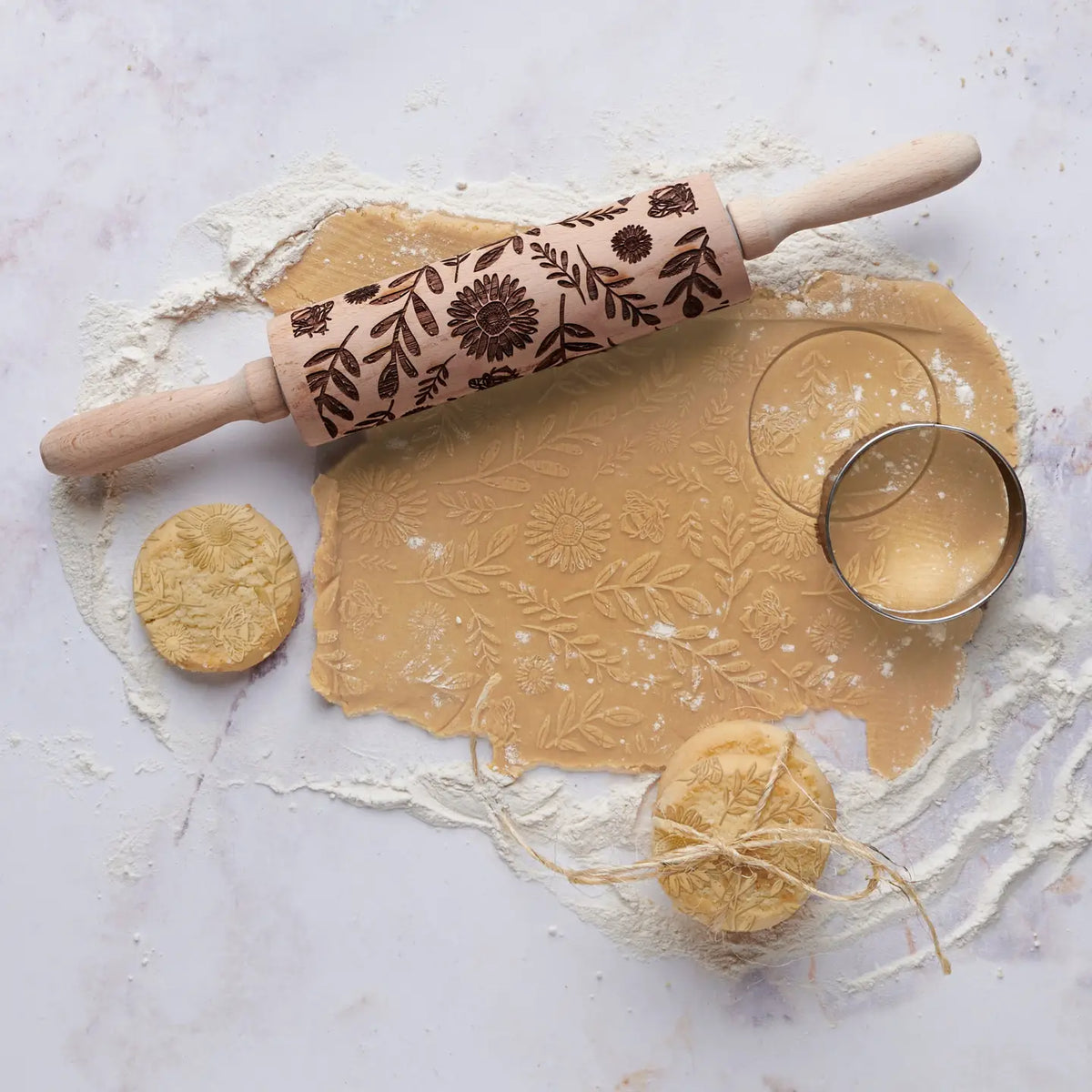 Flower and Bee Embossed Rolling Pin, 6.5”- Primitives by Kathy